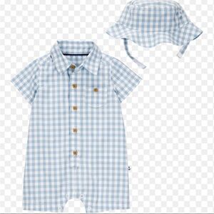 Carter's 2 Piece Blue Gingham Baby Romper + Hat Set